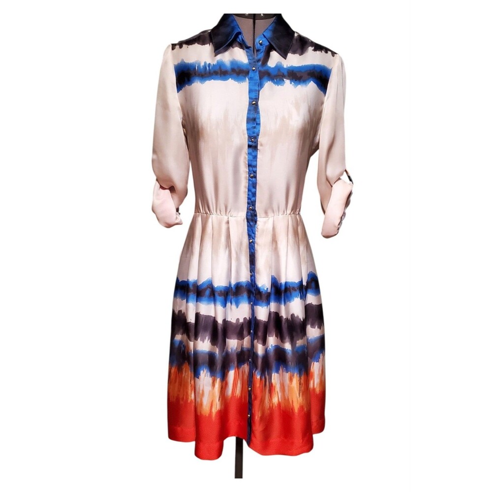 Antonio Melani Watercolor Tie-Dye Dress Vibrant Button Down Rolled Sleeve Size 4